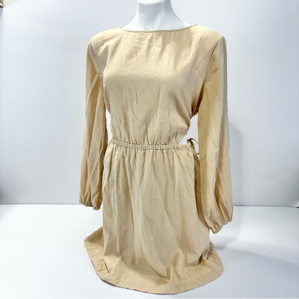 Universal Thread Linen Cutout Fit & Flare Dress Size XL Long Sleeve Tan Beige